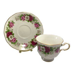 Vintage Queen Anne Floral Bone China Tea Cup & Saucer Pink Roses & Gold Trim